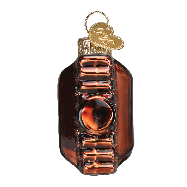 Milky Way Old World Christmas Ornament 32609, a glass candy bar ornament in a brown wrapper with a gold heart-shaped charm at the top.