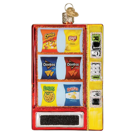 A Frito Lay Vending Machine Old World Christmas Ornament 32624 shaped like a snack vending machine with rows of miniature chip bags, in the style of an Old World Christmas decoration.