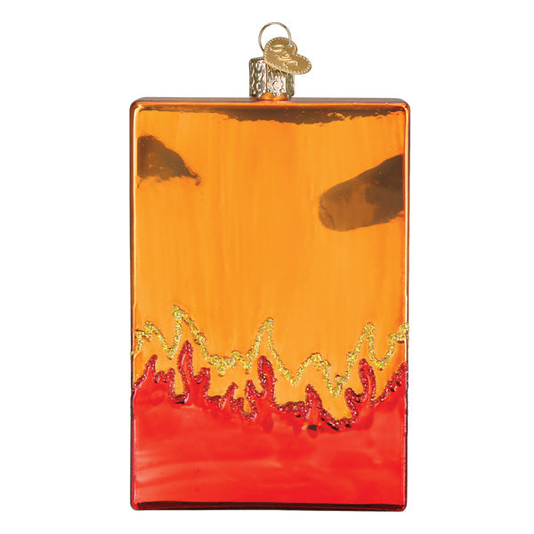 Frito Lay Vending Machine Old World Christmas Ornament 32624, a rectangular glass ornament with an orange top, a red bottom, and gold glitter flame-like accents across the middle.