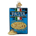 Box of Pasta Old World Christmas Ornament 32627: a blue pasta box featuring an Italian flag graphic, the word PASTA, a window showing rotini noodles, and a single noodle at the base.
