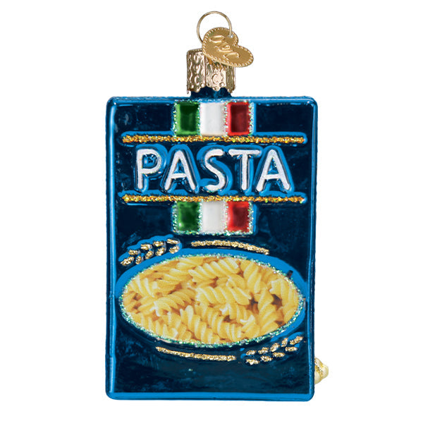 Box of Pasta Old World Christmas Ornament 32627: a glass ornament shaped like a blue box of rotini, featuring the word PASTA and an Italian flag design.