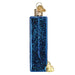 A glittery, rectangular blue Box of Pasta Old World Christmas Ornament 32627 shaped like a pasta box with a small cluster of golden pasta shapes at the bottom.