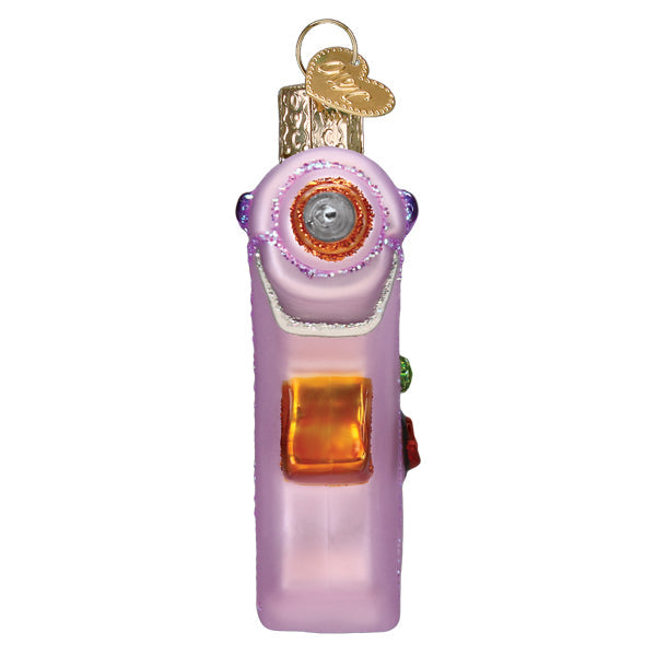 Lavender Hot Glue Gun Old World Christmas Ornament 32629, finished with a gold heart-shaped charm at the top.