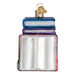 Glass Book Club Old World Christmas Ornament 32653 shaped like a stack of three books with a gold heart-shaped hanger.