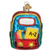 First Day of School Old World Christmas Ornament 32655, a glass ornament shaped like a colorful backpack with pencils and a book labeled A-Z inside the front pocket, perfect as a gift for students.