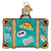 Miami Suitcase Old World Christmas Ornament 32659 is a teal suitcase ornament decorated with travel-themed stickers, including Hello Paradise, I heart Florida, and Take me to Miami.