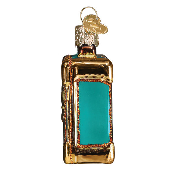 Miami Suitcase Old World Christmas Ornament 32659 shaped like a turquoise and gold vintage suitcase.