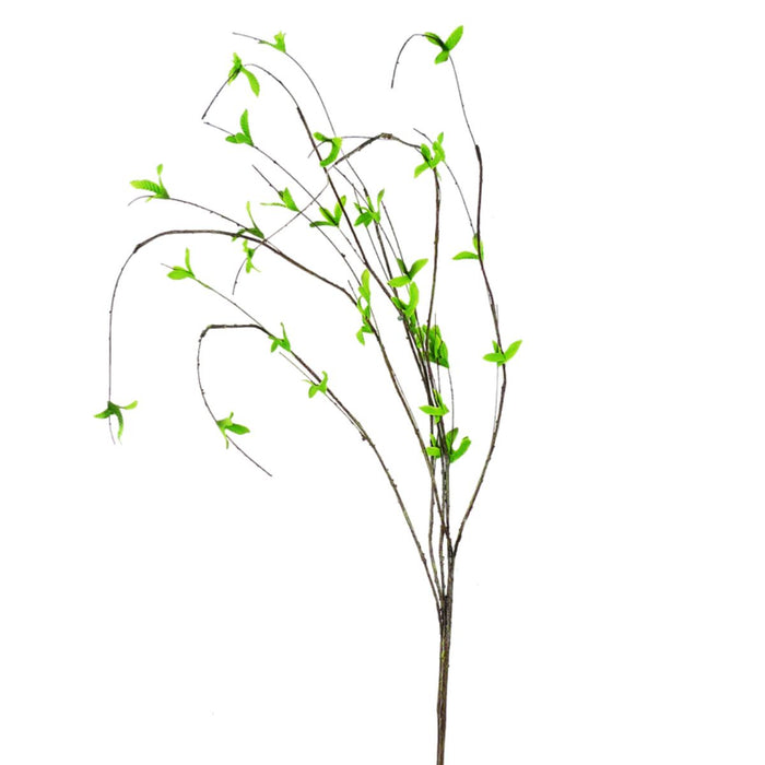 The 34 Inch Natural Leaf Sprout Branch 61908NAT features thin, bare branches with sparse green leaves—perfect for wreath making or floral arrangements—shown against a plain white background.