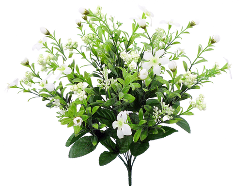 The 18 Inch Cream Star Flower Berry Bush (12 Stems, 35094CM) features artificial green leaves, cream star flowers, buds, and berries—perfect for DIY floral arrangements against any plain background.