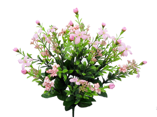The 18 Pink Star Flower Berry Spray (35094PK) features delicate pink flowers, star blooms, small buds, and green leaves. Its soft pale pink hue and berry spray create an elegant and vibrant display against a white background.