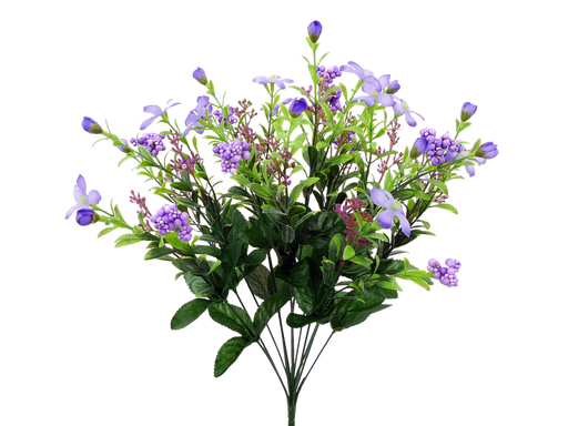 The 18 Purple Star Flower Berry Spray with 12 Stems features small star flowers, green leaves, and buds on thin stems in a dense cluster. The vibrant purple and green colors beautifully contrast against a white background, capturing the charm of a berry spray.