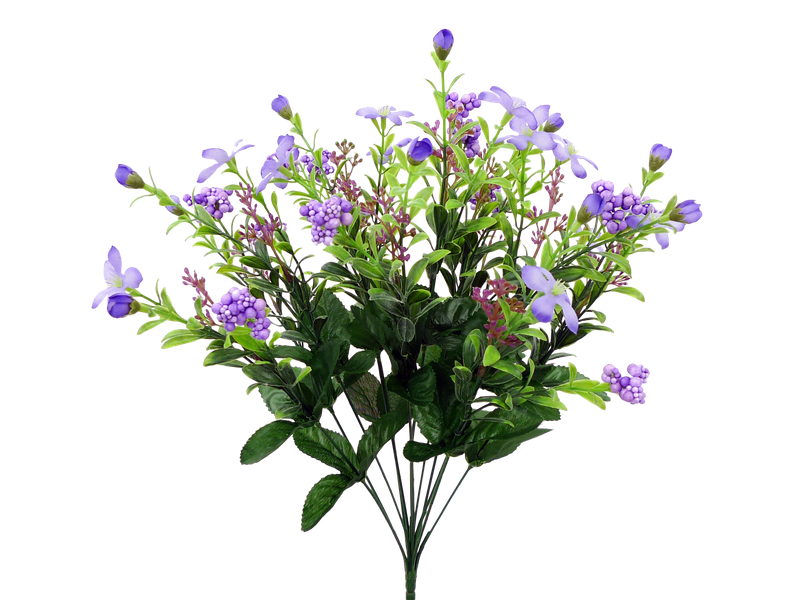 The 18 Inch Purple Star Flower Berry Bush (12 Stems, 35094PU) features vibrant purple artificial flowers with green leaves—ideal for wreath making or home décor, and shown against a plain white background.