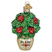 Plant Mom Old World Christmas Ornament 36341, a glass ornament of a potted plant with green leaves, red flowers, and the text PLANT MOM written on the cream-colored pot.