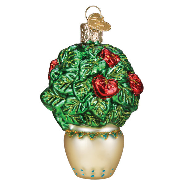 Plant Mom Old World Christmas Ornament 36341 shaped like a potted plant with green leaves, red flowers, and a gold pot.