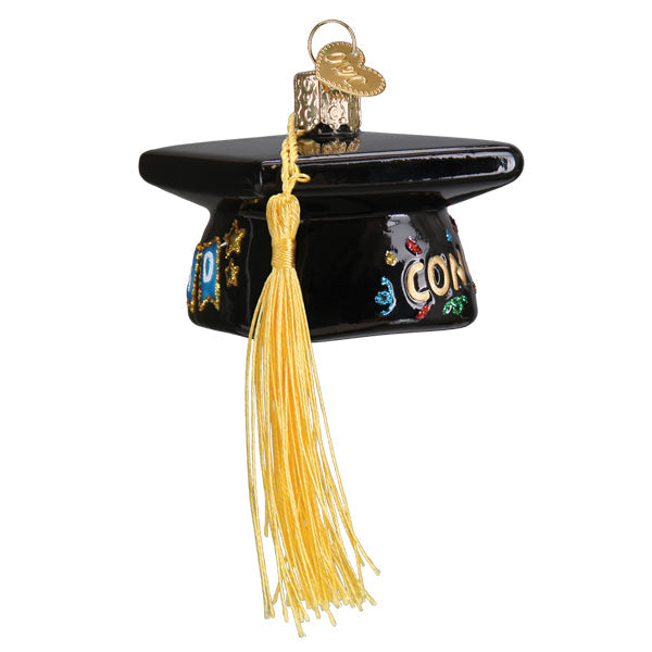 Graduation Cap Old World Christmas Ornament 36342 is a black glass graduation cap with a gold tassel and colorful CONGRATS lettering.