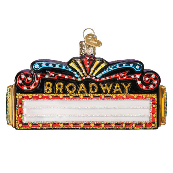 Broadway Marquee Old World Christmas Ornament 36345 is a glass ornament featuring the word BROADWAY in gold letters above a blank white display panel.
