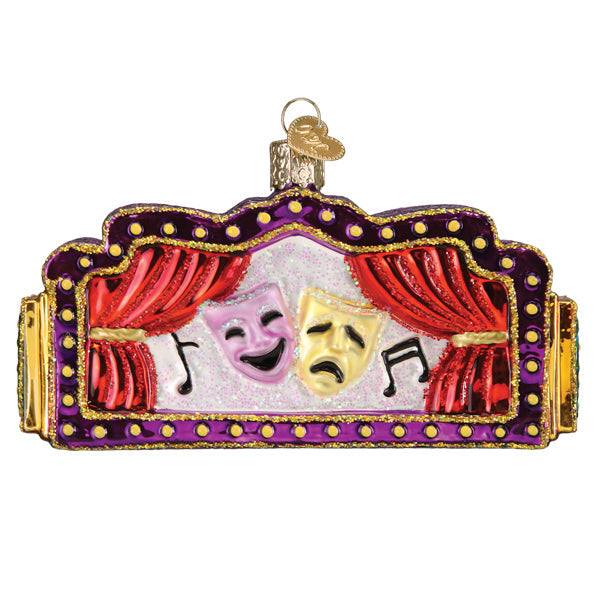 A Broadway Marquee Old World Christmas Ornament 36345 shaped like a stage marquee with red curtains, comedy and tragedy masks, and musical notes.