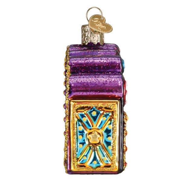 Broadway Marquee Old World Christmas Ornament 36345 in purple, blue, and gold with a glittery finish and a gold heart-shaped charm at the top.