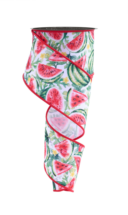 The Pink Yellow Green Watermelon Ribbon (2.5" x 10 Yards, LS1040) showcases a vibrant watermelon pattern in pink, yellow, and green with red edging, adding a playful decorative touch to any setting.