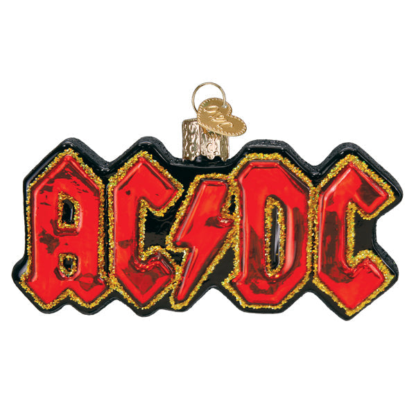 An AC/DC Old World Christmas Ornament 38074 shaped like the red and black band logo with gold glitter accents.