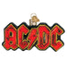 An AC/DC Old World Christmas Ornament 38074 shaped like the red and black band logo with gold glitter accents.