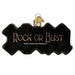 AC/DC Old World Christmas Ornament 38074, a jagged black glass rock and roll ornament featuring the text ROCK OR BUST in gold lettering.