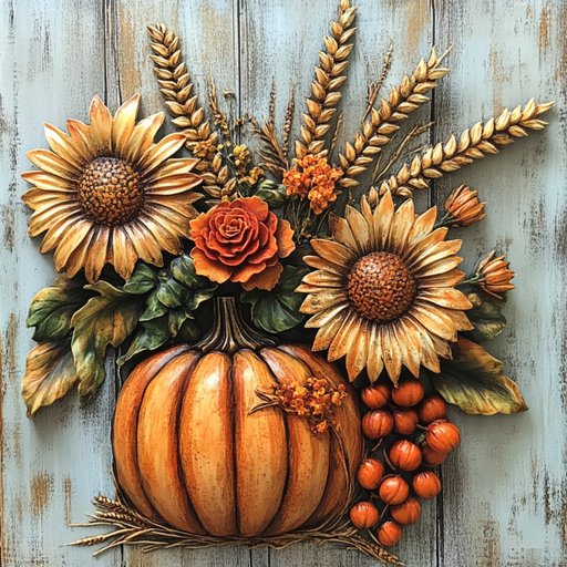 The 10 x 10 3D Fall Accents Sign TTE-276 features a pumpkin vase with sunflowers, wheat, orange roses, green leaves, and orange berries set on a rustic wooden background for charming autumn decor.