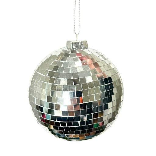 4-inch shiny silver mirror ball ornament with reflective tiles and hanging string – available at Trendy Tree.