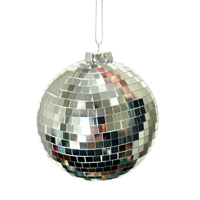 4-inch shiny silver mirror ball ornament with reflective tiles and hanging string – available at Trendy Tree.