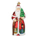 The German Santa Old World Christmas Ornament 40347 is a glass ornament featuring Santa in a red coat adorned with painted houses, trees, stars, and a lantern—echoing the charm of traditional Christmas markets.