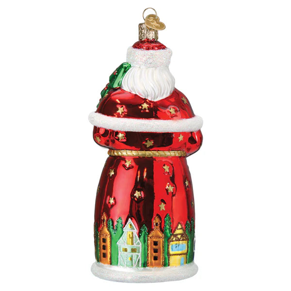 The Gernam Santa Old World Christmas Ornament 40347 features a glass Santa in a red coat with gold stars and painted houses, holding a green sack and facing away—a charming tribute to traditional Christmas markets.
