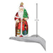 A hand holds the German Santa Old World Christmas Ornament 40347, 6.75" tall, in a red coat with a green tree and painted house details—capturing traditional Old World Christmas charm.