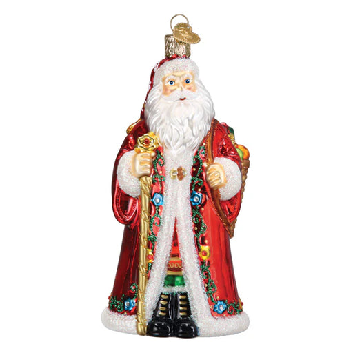 The Norwegian Santa Old World Christmas Ornament 40348 features Julenisse in a red robe with white trim, holding a golden staff and sack, with colorful details and a gold hanging loop.