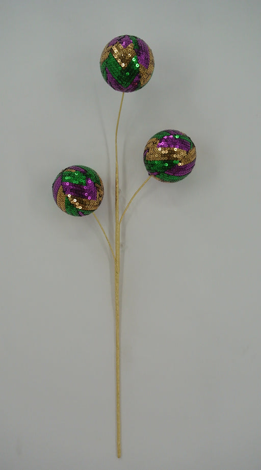 The 26 Gold, Green and Purple Sequin Ball Spray (40353-GOLDGNPU) features three sequin-covered round ornaments on a decorative gold stem, perfect for festive decor.