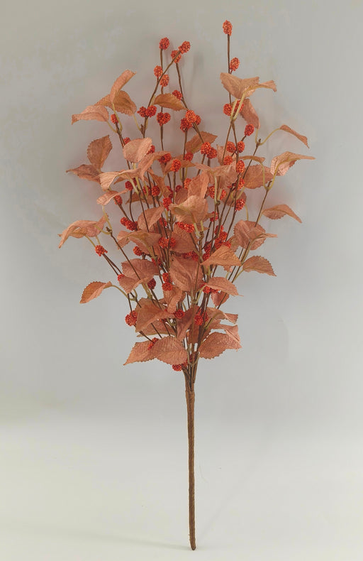 The 21 Fall Birch Berry Spray 40373 is an artificial branch with reddish-orange leaves and orange berry clusters, perfect for adding a touch of autumn color to any space with a plain, light background.