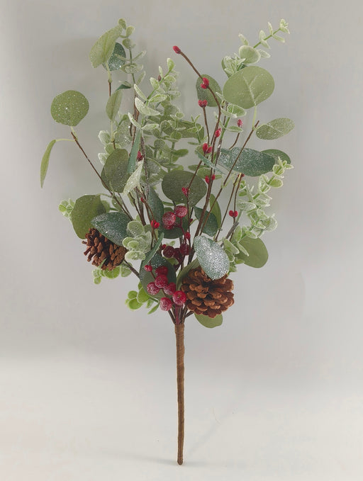 The 20 Green and White Frosted Eucalyptus Spray 40379 features green leaves, white frosted accents, red berries, and two brown pine cones on a single stem, shown against a plain white background.