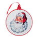 The 9.5" Santa Embossed Metal Wall Ornament (4136304) is a delightful round piece that highlights a joyful Santa Claus with rosy cheeks, a fluffy white beard, and his iconic red hat with white trim. This enchanting ornament is framed in red and includes a hanging ribbon at the top.