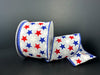 The 2.5X10Y White Blue Red White Satin Stars Ribbon (41501-40-25) showcases red, white, and blue stars on gray. The edges have elegant blue stitching on a dark base for a striking look.
