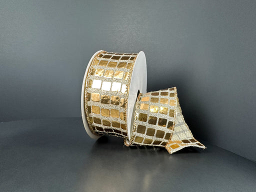 A partially unrolled 1.5X10Y Gold Discoball Sequins Ribbon (41533-09-15) with a metallic checkered pattern is displayed against a plain dark background.