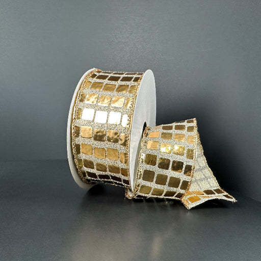 A partially unrolled 1.5X10Y Gold Discoball Sequins Ribbon (41533-09-15) with a metallic checkered pattern is displayed against a plain dark background.