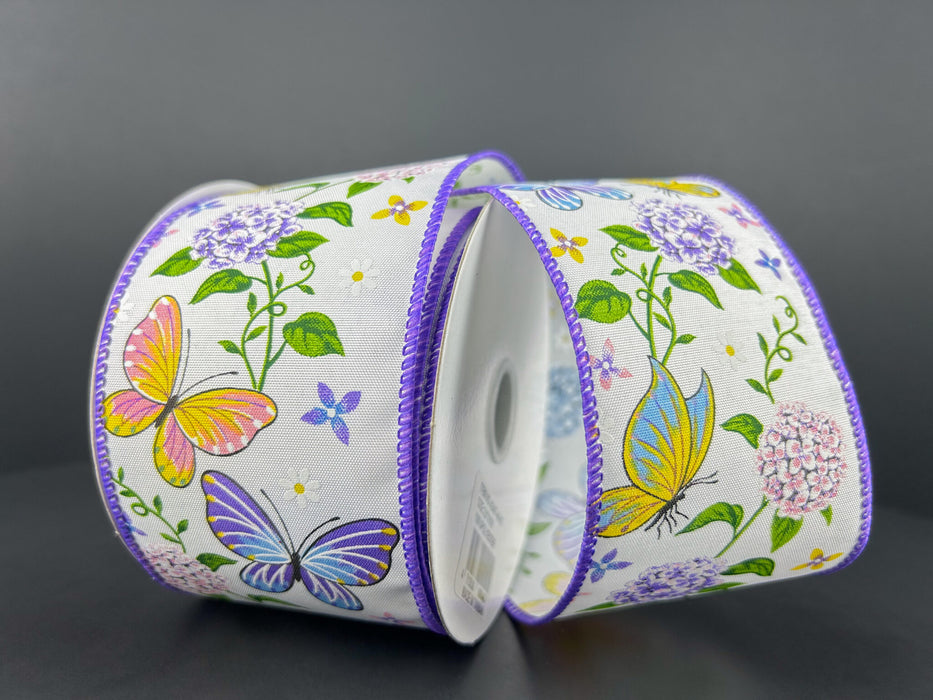 White Satin/Pink-Purple-Yellow Butterfly-Hydrangas, 2.5"X10Y 42407-40-37