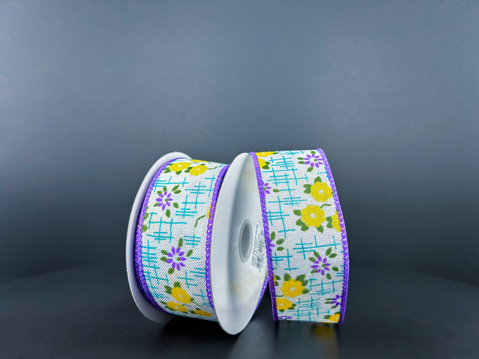 1.5"X10Y White Linen/Purple-Yellow Flowers/Aqua Textured Ribbon 42415-09-48