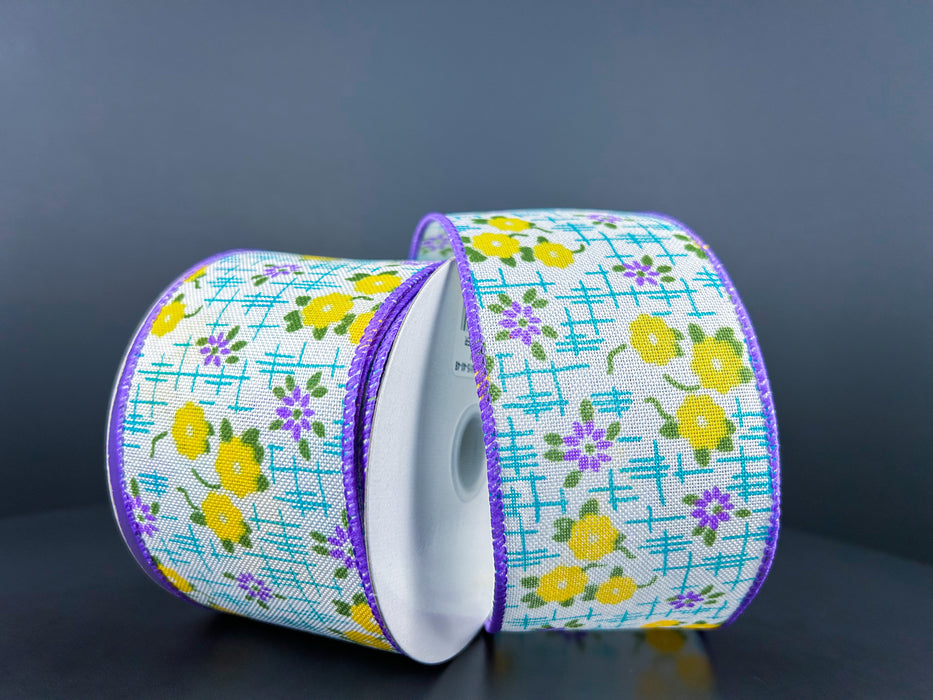 White Linen/Purple-Yellow Flowers/Aqua Textured, 2.5"X10Y 42415-40-48