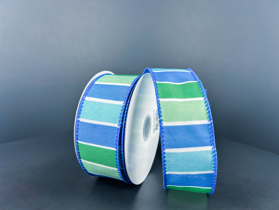 1.5"X10Y White Satin/Blue-Green Seaside Wide Stripes Ribbon 42417-09-06