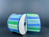 Two spools of 2.5X10Y White Satin/Blue-Green Seaside Wide Stripes Ribbon are displayed side by side against a dark background, showcasing horizontal bands in shades of blue and green.