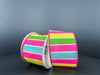 Two spools of the 2.5X10Y White Fuchsia Aqua Yellow Satin Wide Stripes Ribbon (42417-40-28) display a colorful pattern and are stacked against each other on a grey background.