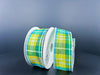 Against a plain gray background, two spools of the Turquoise-Green-Yellow Kennedy Plaid wired ribbon, measuring 1.5 inches by 10 yards (42420-09-49), are displayed.