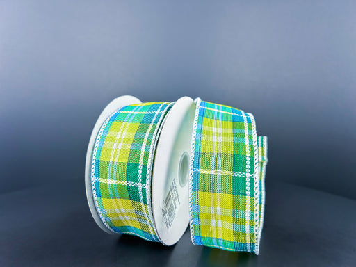 Against a plain gray background, two spools of the Turquoise-Green-Yellow Kennedy Plaid wired ribbon, measuring 1.5 inches by 10 yards (42420-09-49), are displayed.