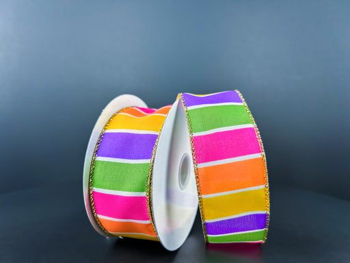 1.5 inch Silver & Gold Vertical Stripes on Cream Satin Ribbon - Wired  Christmas Ribbon - 10 Yards
