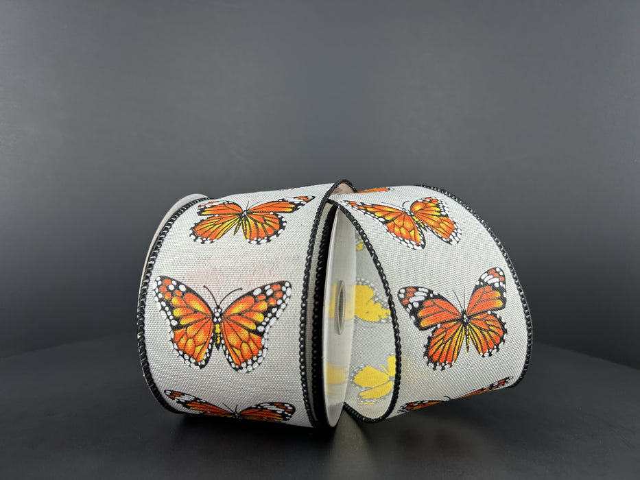 Ivory Shiny Linen With Monarch Butterfly, 2.5"X10Y 42430-40-18